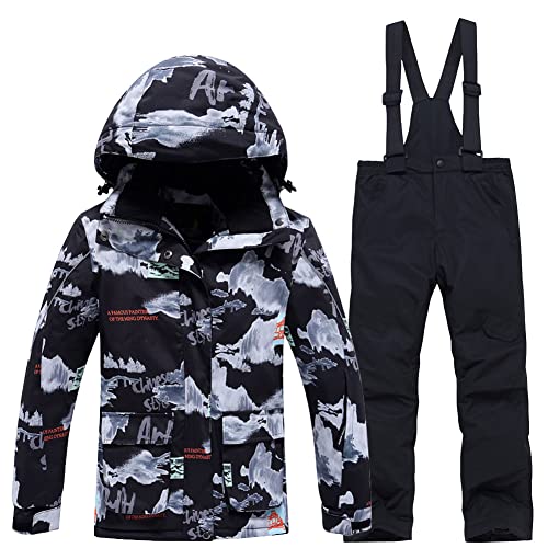 SXSHUN Unisex Kinder Skianzug mit Kapuze Schneeanzug Mädchen Jungen Funktionsanzug 2 teilig Schneejacke + Schneehose Wasserdicht Verdickte, 102-4 Schwarze Hose, 128 von SXSHUN