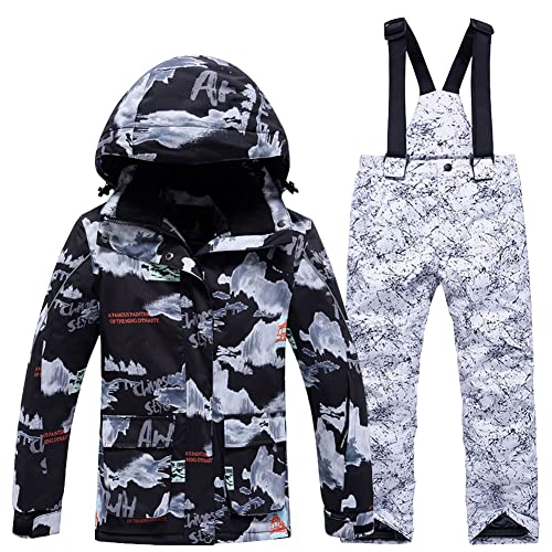 SXSHUN Unisex Kinder Skianzug mit Kapuze Schneeanzug Mädchen Jungen Funktionsanzug 2 teilig Schneejacke + Schneehose Wasserdicht Verdickte, 102-4 White Lightning Pants, 134-140 von SXSHUN