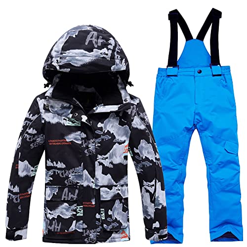 SXSHUN Unisex Kinder Skianzug mit Kapuze Schneeanzug Mädchen Jungen Funktionsanzug 2 teilig Schneejacke + Schneehose Wasserdicht Verdickte, 102-4 royal Blue Pants, 128 von SXSHUN