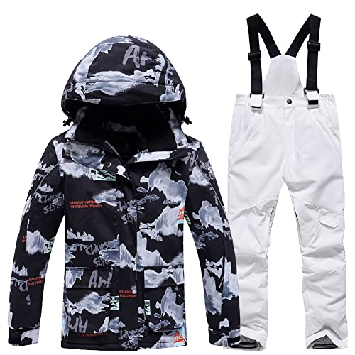 SXSHUN Unisex Kinder Skianzug mit Kapuze Schneeanzug Mädchen Jungen Funktionsanzug 2 teilig Schneejacke + Schneehose Wasserdicht Verdickte, 102-4 weiße Hose, 158 von SXSHUN