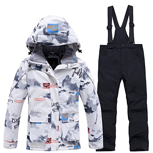 SXSHUN Unisex Kinder Skianzug mit Kapuze Schneeanzug Mädchen Jungen Funktionsanzug 2 teilig Schneejacke + Schneehose Wasserdicht Verdickte, 102-5 Schwarze Hose, 146-152 von SXSHUN