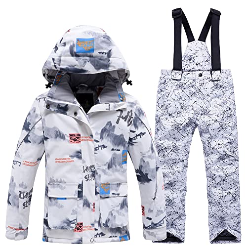 SXSHUN Unisex Kinder Skianzug mit Kapuze Schneeanzug Mädchen Jungen Funktionsanzug 2 teilig Schneejacke + Schneehose Wasserdicht Verdickte, 102-5 White Lightning Pants, 146-152 von SXSHUN