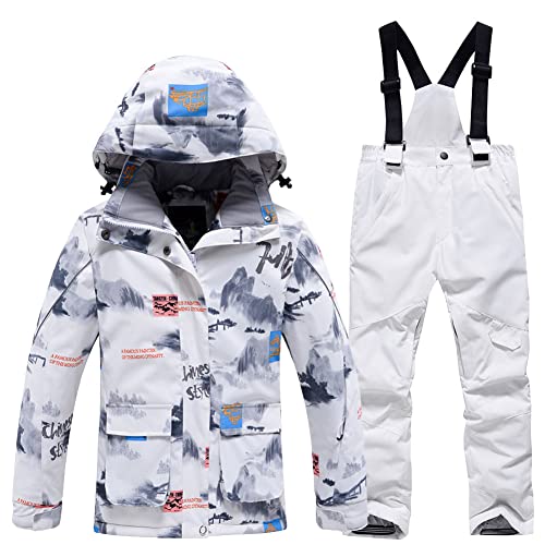 SXSHUN Unisex Kinder Skianzug mit Kapuze Schneeanzug Mädchen Jungen Funktionsanzug 2 teilig Schneejacke + Schneehose Wasserdicht Verdickte, 102-5 weiße Hose, 128 von SXSHUN