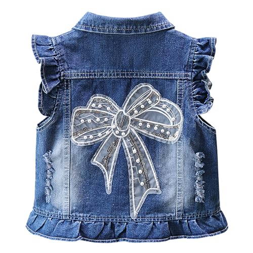 SXSHUN Weste Mädchen Jeansweste Kinder Jeans Jacke mit Erdbeer Muster Denim Jacket mit Krone Outdoor Kinderjacke Ärmellose Mantel Frühling und Herbst, Blau+Schmetterling, 116 von SXSHUN