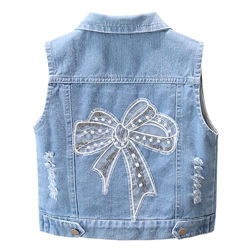 SXSHUN Weste Mädchen Jeansweste Kinder Jeans Jacke mit Erdbeer Muster Denim Jacket mit Krone Outdoor Kinderjacke Ärmellose Mantel Frühling und Herbst, Hellblau+Schmetterling, 122-128 von SXSHUN