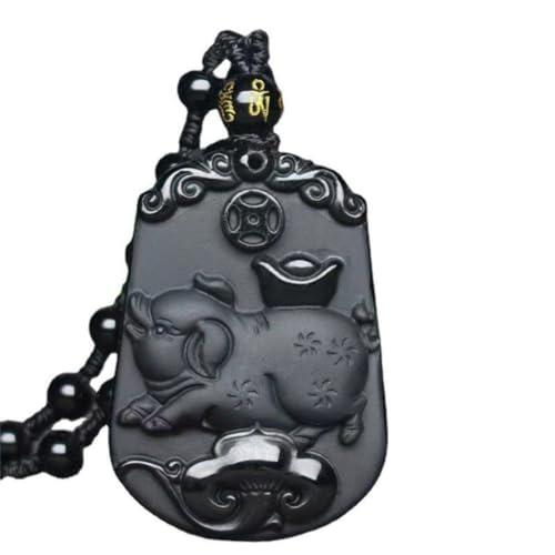 SXSWCH Frauen Herren schwarzer Obsidian Chinese Zodiac Tierheize Halskette 12 Zeichen Amulett Talisman Perlenkette Verstellbar von SXSWCH