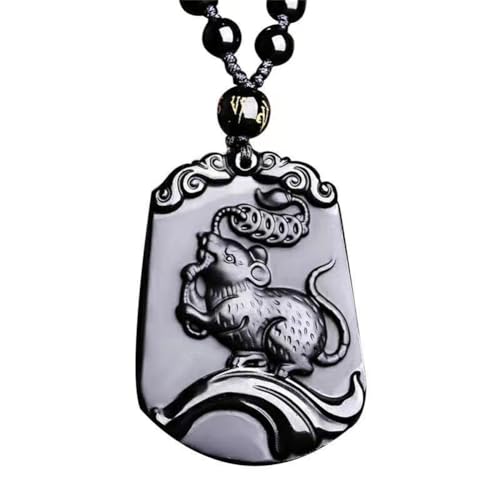 SXSWCH Frauen Herren schwarzer Obsidian Chinese Zodiac Tierheize Halskette 12 Zeichen Amulett Talisman Perlenkette Verstellbar von SXSWCH