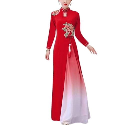 SXTYYH Traditionell Ao Dai Vietnam-Damenkleid Lang Chinesische Kleider for Frauen Sommer Cheongsam Kleid Stickerei Qipao(L,Rot) von SXTYYH