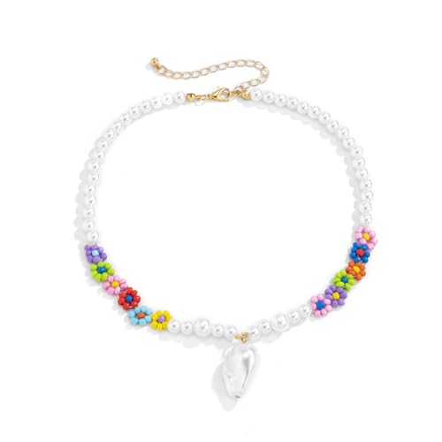SXYCYRC Temperament Barock speziell geformte Imitation Perle Gänseblümchen Blume Halskette Europäische und Amerikanische Farbe gewebte Reisperlenkette von SXYCYRC
