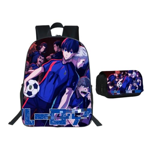 SXYNIO Blau Lock Rucksack Federtasche Set Isagi Yoichi Figur Multi-Funktions-Rucksack Doppelte Reißverschlüsse Große Kapazität Federmappe Schreibwaren Tasche Travel Daypack (A) von SXYNIO