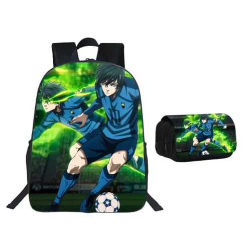 SXYNIO Blau Lock Rucksack Federtasche Set Isagi Yoichi Figur Multi-Funktions-Rucksack Doppelte Reißverschlüsse Große Kapazität Federmappe Schreibwaren Tasche Travel Daypack (C) von SXYNIO
