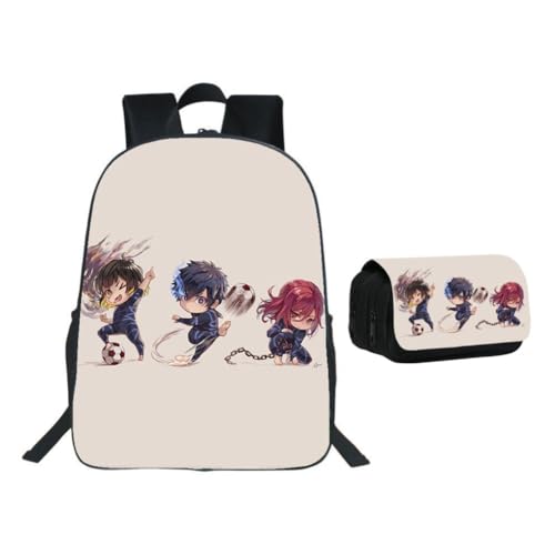 SXYNIO Blau Lock Rucksack Federtasche Set Isagi Yoichi Figur Multi-Funktions-Rucksack Doppelte Reißverschlüsse Große Kapazität Federmappe Schreibwaren Tasche Travel Daypack (D) von SXYNIO
