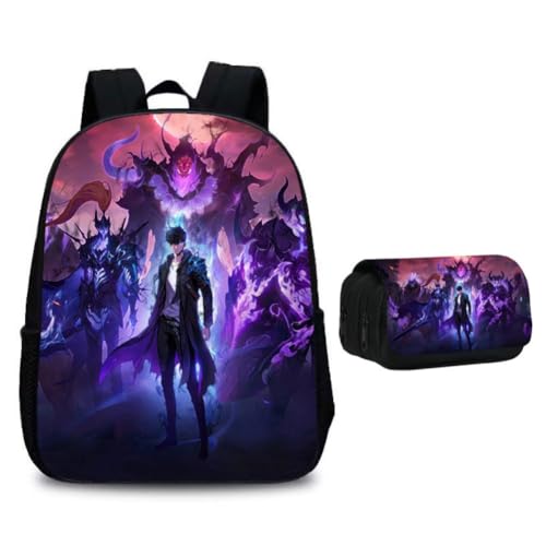 SXYNIO Solo Levels Rucksack Federtasche Set Sung Jin Woo Figur Multi-Funktions-Rucksack Doppelte Reißverschlüsse Große Kapazität Federmappe Schreibwaren Tasche Travel Daypack (B) von SXYNIO