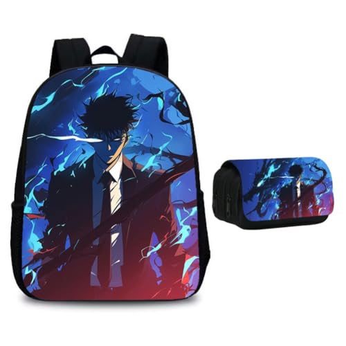SXYNIO Solo Levels Rucksack Federtasche Set Sung Jin Woo Figur Multi-Funktions-Rucksack Doppelte Reißverschlüsse Große Kapazität Federmappe Schreibwaren Tasche Travel Daypack (C) von SXYNIO