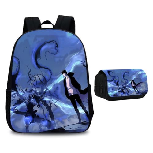 SXYNIO Solo Levels Rucksack Federtasche Set Sung Jin Woo Figur Multi-Funktions-Rucksack Doppelte Reißverschlüsse Große Kapazität Federmappe Schreibwaren Tasche Travel Daypack (D) von SXYNIO
