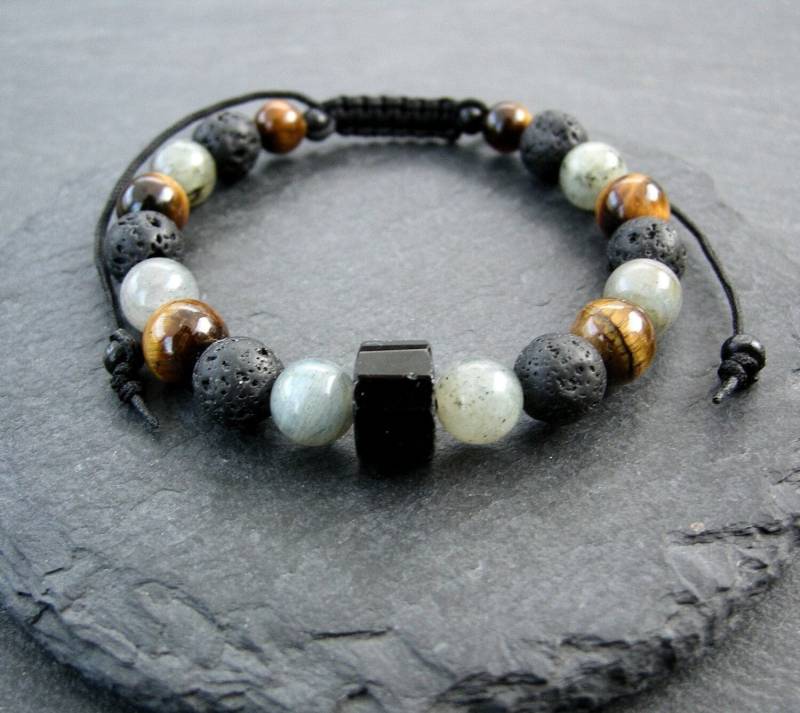 Schutz Armband Mit Labradorit Schwarz Turmalin Lava Und Tigerauge Steinen Verstellbar von SXtheArtConcept