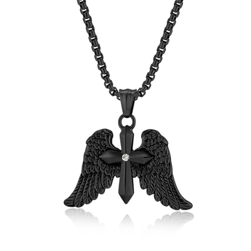 SYAVR Vintage Erzengel Doppelflügel Kreuz Halskette für Männer, Punk Hip Hop Stil Edelstahl Flügel Kreuz Anhänger SYAVR Vintage Erzengel Doppelflügel Kreuz Halskette für Männer, Punk Hip Hop Stil Edelstahl Flügel Kreuz Anhänger von SYAVR