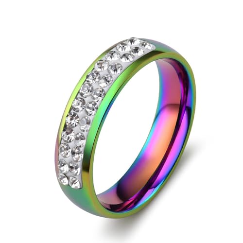 Titan Stahl Regenbogen Intarsien Diamant Ring, Bunt Volldiamant Damen Ring, Bunt Paar Schmuck von SYAVR