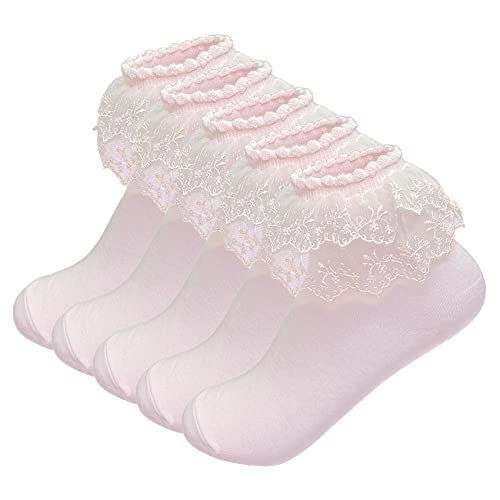 Frauen Hohe Knöchel Spitze Socken, Braut Rüsche Rüschen Schule Mädchen Prinzessin Kleid Socke mit Spitze Trim Für Lolita/Jk W-811, A2 – 5 Paar – rosa doppellagige Spitzenborte, Einheitsgröße von SYAYA