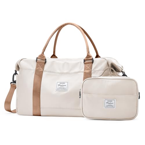 Reise-Wochenendtasche für Damen, Reisetasche mit Computerfach, Tragetasche für Übernachtung, Tragetasche mit Trolleyhülle für Wochenende, Reisen, Geschäftsreisen, Beige/Braun, Large von SYCNB