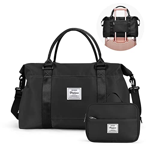 Reisetasche für Damen, Wochenendtasche mit Nassfach und Trolleyhülle, Tragetasche, Sporttasche, A-Schwarz, Set (1 Reisetasche + 1 Kulturbeutel) von SYCNB