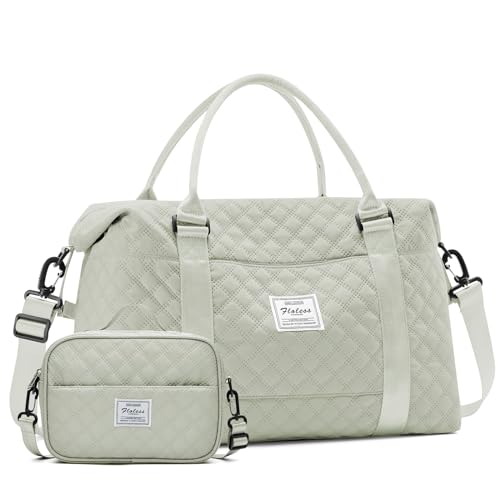 Reisetasche für Damen, Wochenendtasche mit Nassfach und Trolleyhülle, Tragetasche, Sporttasche, W-Grid-Hellgrün, Set (1 Reisetasche + 1 Kulturbeutel) von SYCNB