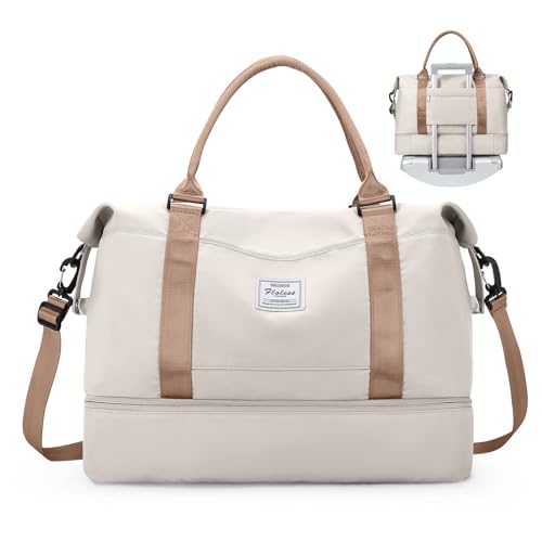 Weekender-Tasche für Damen, persönliche Gegenstände, Reisetasche mit Schuhfach und Laptop-Tasche, Reisetasche mit Nassfach, Turnbeutel, Beige/Braun, Reise-Wochenendtasche von SYCNB