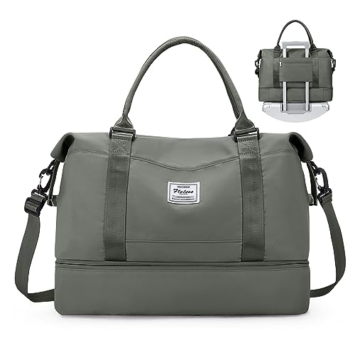 Wochenendtasche für Damen, Reisetasche für persönliche Gegenstände mit Schuhfach, Reisetasche mit Nassfach und separater Kulturbeutel, Turnbeutel, Wr-Olivgrün mit Laptopfach, Reisetasche von SYCNB