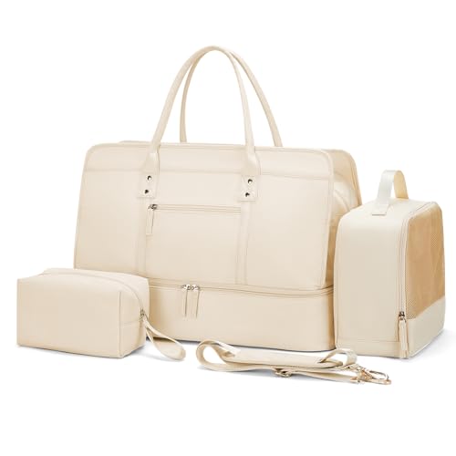 SYCNB Weekender Taschen für Damen, Reisetasche, persönliche Gegenstände, Tasche mit Schuhfach, Übernachtungstasche mit Nassfach, Reisetasche, 3-teiliges Set, Beige von SYCNB