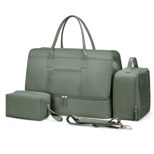 Weekender Taschen für Damen, Reisetasche, persönliche Gegenstände, Tasche mit Schuhfach, Übernachtungstasche mit Nassfach, Reisetasche, 3-teiliges Set, Grün mit Schuhfach, Reisetasche mit Schuhfach von SYCNB