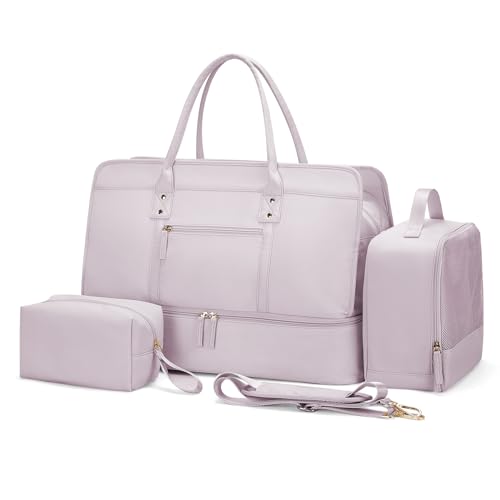 Weekender Taschen für Damen, Reisetasche, persönliche Gegenstände, Tasche mit Schuhfach, Übernachtungstasche mit Nassfach, Reisetasche, 3-teiliges Set, Rosa mit Schuhfach, Reisetasche mit Schuhfach von SYCNB