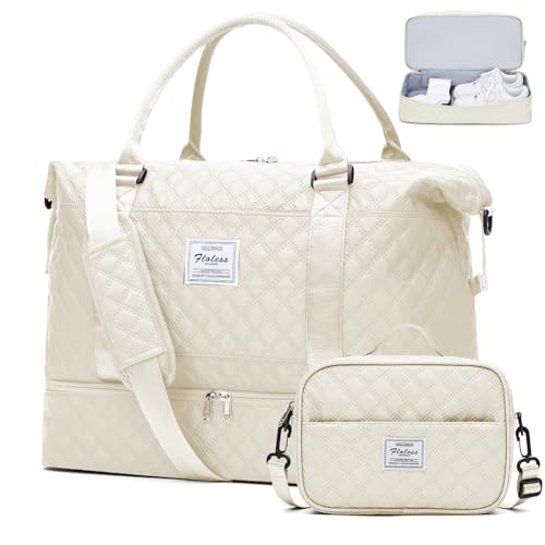 Weekender Taschen für Frauen, Reisetasche für persönliche Gegenstände mit Schuhfach, Reisetasche mit Nassfach und separater Kulturtasche, Turnbeutel, W-Grid-Beige, Set (Reisetasche+Kulturtasche) von SYCNB