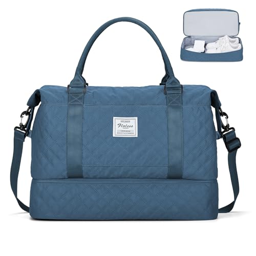 Weekender Taschen für Frauen, Reisetasche für persönliche Gegenstände mit Schuhfach, Reisetasche mit Nassfach und separater Kulturtasche, Turnbeutel, W-Grid-Blaugrün, Reisetasche von SYCNB