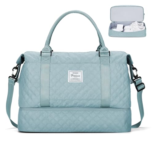 Weekender Taschen für Frauen, Reisetasche für persönliche Gegenstände mit Schuhfach, Reisetasche mit Nassfach und separater Kulturtasche, Turnbeutel, W-Grid-Light Blue, Reisetasche von SYCNB