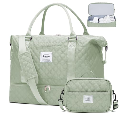 Weekender Taschen für Frauen, Reisetasche für persönliche Gegenstände mit Schuhfach, Reisetasche mit Nassfach und separater Kulturtasche, Turnbeutel, W-Grid-Light Green, Set (Reisetasche+Kulturtasche) von SYCNB