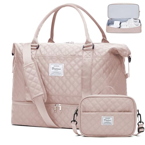 Weekender Taschen für Frauen, Reisetasche für persönliche Gegenstände mit Schuhfach, Reisetasche mit Nassfach und separater Kulturtasche, Turnbeutel, W-Raster-rosa, Set (Reisetasche+Kulturtasche) von SYCNB