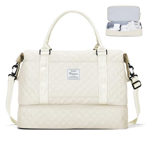 Weekender Übernachtungstasche mit Schuhfach, große Reisetasche für Damen, Sporttasche, Crossbody-Tasche mit mehreren Taschen und Koffergriffhülle, Beige, Beige, Reisetasche von SYCNB