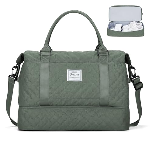 Wochenendtasche für Damen, Reisetasche für persönliche Gegenstände mit Schuhfach, Reisetasche mit Nassfach und separater Kulturbeutel, Turnbeutel, W-Grid-Olivgrün, Reisetasche von SYCNB