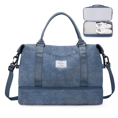 Wochenendtasche für Damen, Reisetasche für persönliche Gegenstände mit Schuhfach, Reisetasche mit Nassfach und separater Kulturbeutel, Turnbeutel, S-Denim-Rosenmuster, Reisetasche von SYCNB