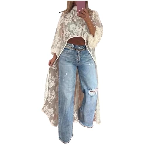 SYDUZAX Damen Sommer Schulterfreie Crop Tops Rüschen Laterne Ärmel Krawatte Zurück Bluse Shirt Mode-Top mit Rundhalsausschnitt und Langen Ärmeln und Spitzen von SYDUZAX