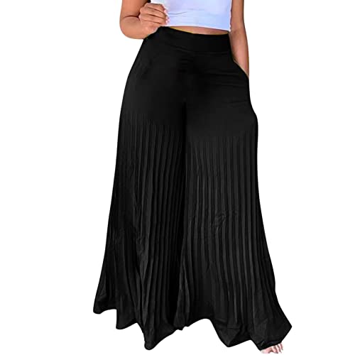 SYDUZAX Hose Aus Chiffon Mit Weitem Bein Trouser Damen Solide Plissee-Hose FüR Damen Hohe Taille Lockere Passform LäSsige Taschen Lange Hose Mit Weitem Bein von SYDUZAX