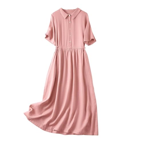 SYDUZAX Leinenkleid Damen Sommer V-Ausschnitt Kurzarm Sommerkleid Baumwolle Leinen Einfarbig Vintage Lockerer Einreiher Kleider Freizeitkleid Shirtkleid Dresses von SYDUZAX