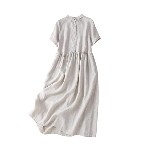 SYDUZAX Leinenkleid Damen Sommer V-Ausschnitt Kurzarm Sommerkleid Baumwolle Leinen Einfarbig Vintage Lockerer Einreiher Kleider Freizeitkleid Shirtkleid Dresses von SYDUZAX