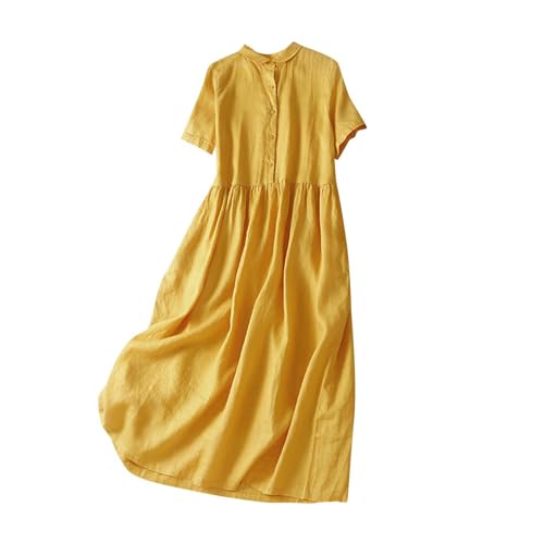 SYDUZAX Leinenkleid Damen Sommer V-Ausschnitt Kurzarm Sommerkleid Baumwolle Leinen Einfarbig Vintage Lockerer Einreiher Kleider Freizeitkleid Shirtkleid Dresses von SYDUZAX