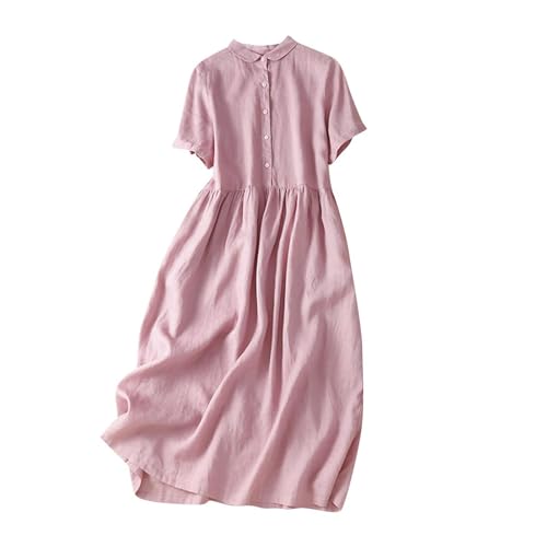 SYDUZAX Leinenkleid Damen Sommer V-Ausschnitt Kurzarm Sommerkleid Baumwolle Leinen Einfarbig Vintage Lockerer Einreiher Kleider Freizeitkleid Shirtkleid Dresses von SYDUZAX