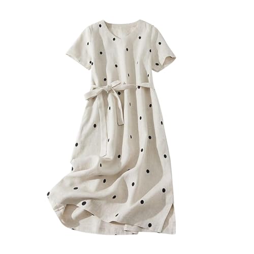 SYDUZAX Leinenkleid Damen Sommer V-Ausschnitt Kurzarm Sommerkleid Baumwolle Leinen Einfarbig Vintage Lockerer Einreiher Kleider Freizeitkleid Shirtkleid Dresses von SYDUZAX