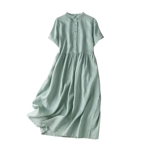 SYDUZAX Leinenkleid Damen Sommer V-Ausschnitt Kurzarm Sommerkleid Baumwolle Leinen Einfarbig Vintage Lockerer Einreiher Kleider Freizeitkleid Shirtkleid Dresses von SYDUZAX