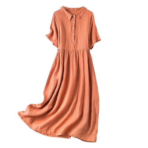 SYDUZAX Leinenkleid Damen Sommer V-Ausschnitt Kurzarm Sommerkleid Baumwolle Leinen Einfarbig Vintage Lockerer Einreiher Kleider Freizeitkleid Shirtkleid Dresses von SYDUZAX