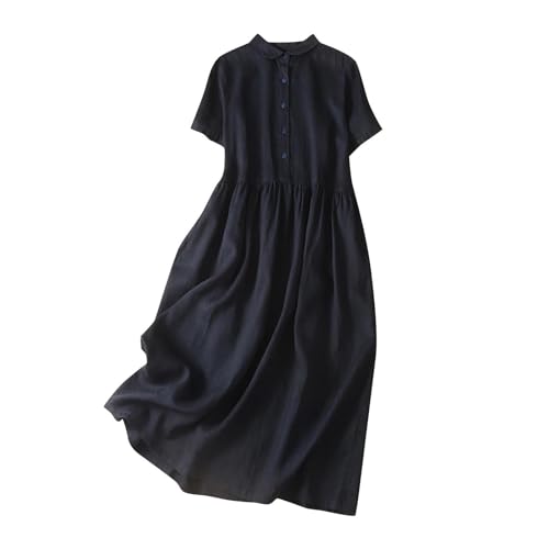SYDUZAX Leinenkleid Damen Sommer V-Ausschnitt Kurzarm Sommerkleid Baumwolle Leinen Einfarbig Vintage Lockerer Einreiher Kleider Freizeitkleid Shirtkleid Dresses von SYDUZAX