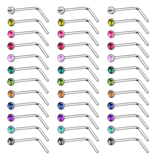 SYEYCW 36 Stück Nasenstecker, 20G Nostril Piercing, Edelstahl Nasenpiercing Stecker Set, L-Form Nasenstecker, Nose Stud, Nose Piercing Schmuck für Frauen und Männer von SYEYCW